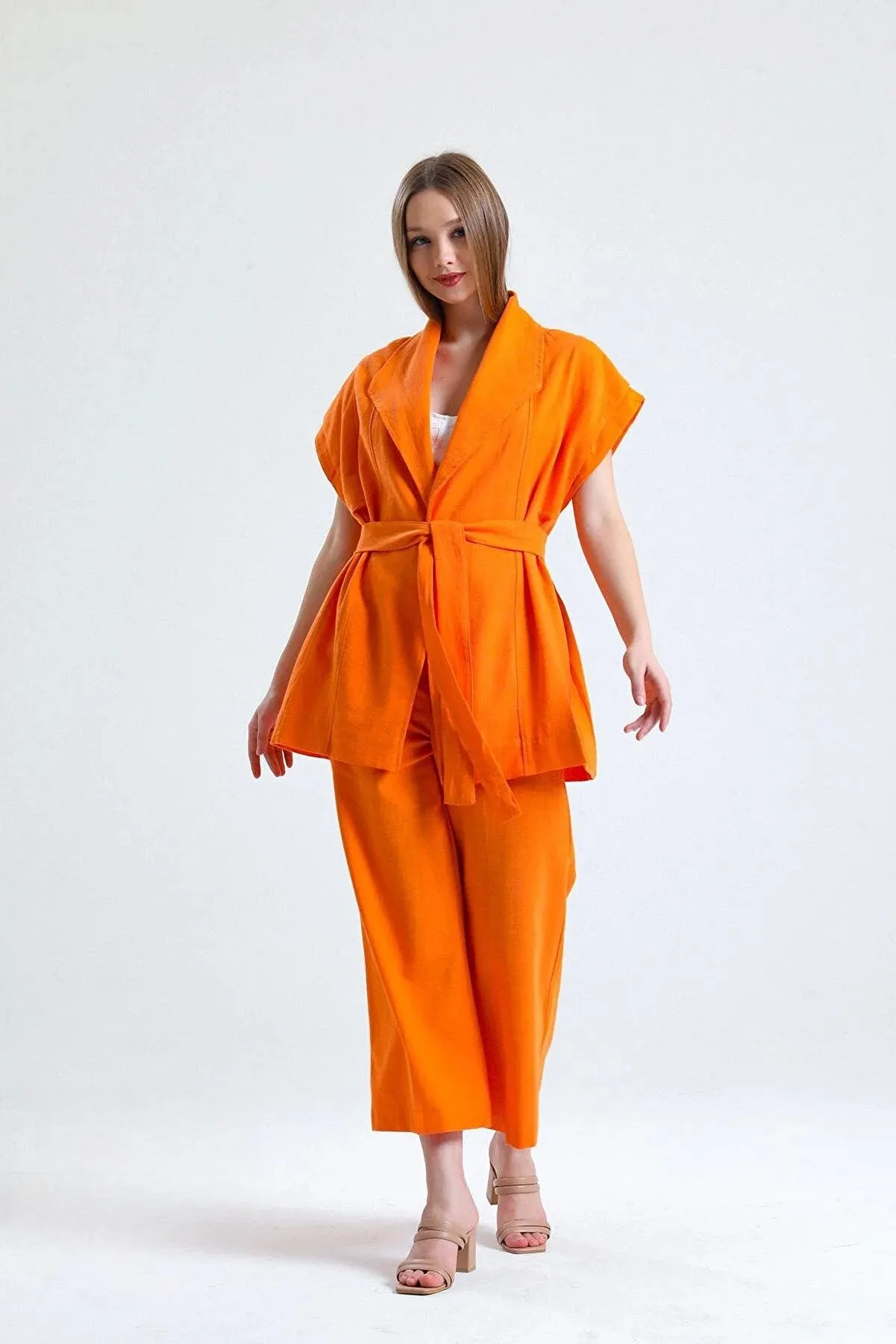 100% Organic Linen Fabric cover up with a Belt - Orange