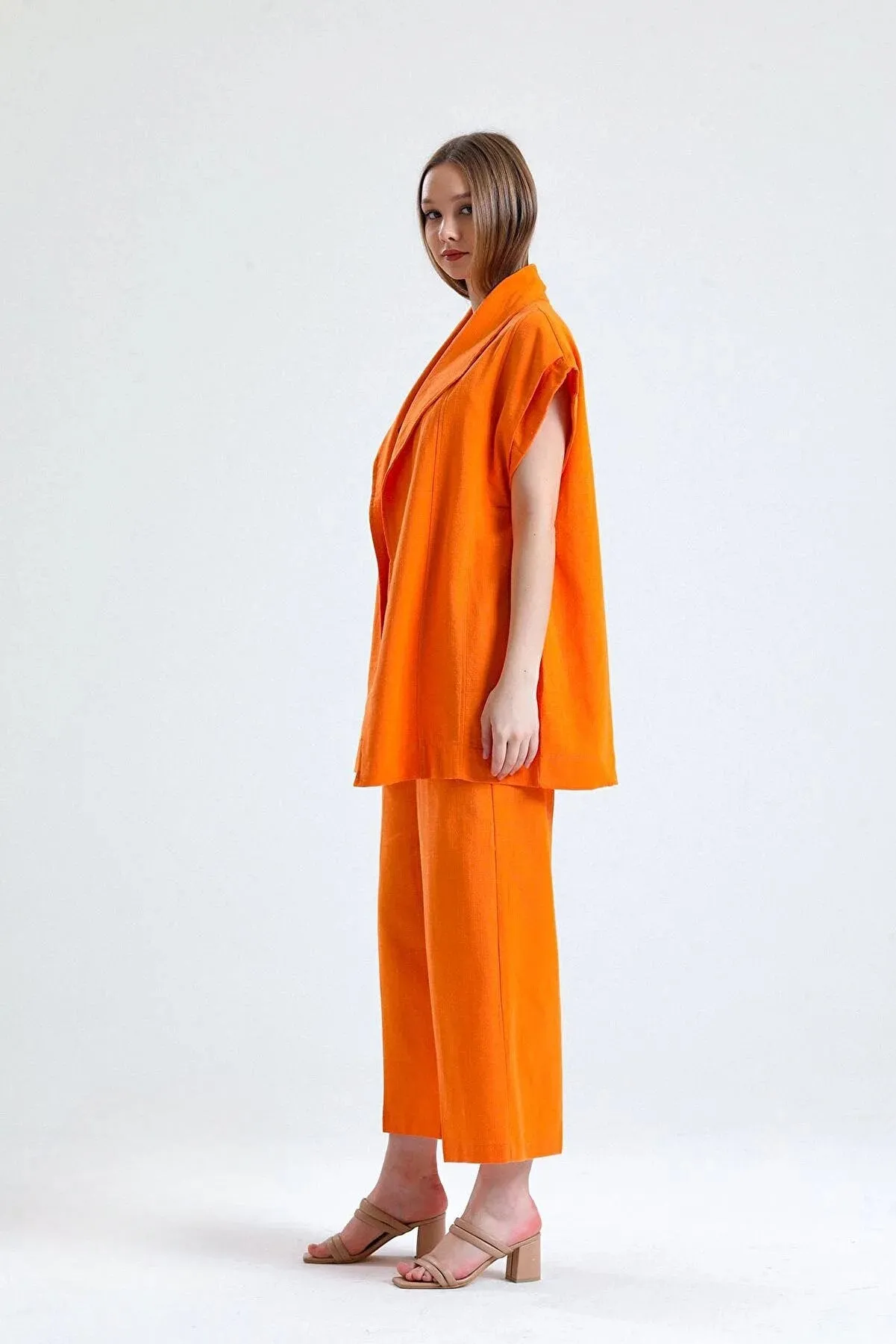 100% Organic Linen Fabric cover up with a Belt - Orange