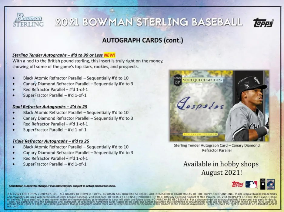 2021 Bowman Sterling Baseball Hobby Box 5 Packs Per Box, 6 Cards Per Pack