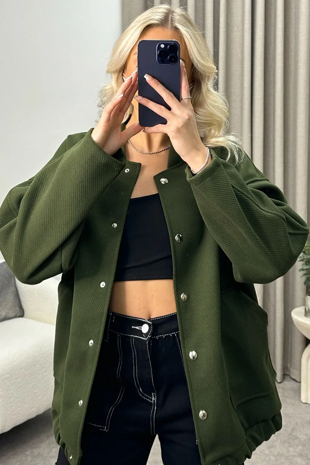 Adriana Khaki Oversized Bomber Jacket