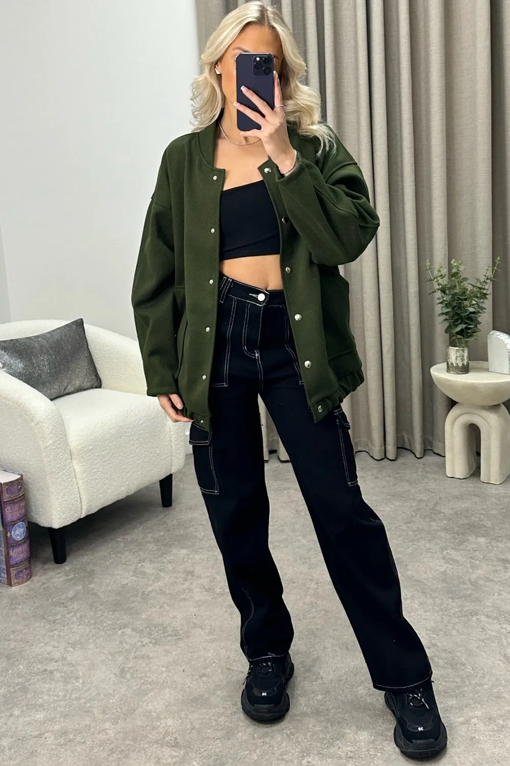 Adriana Khaki Oversized Bomber Jacket