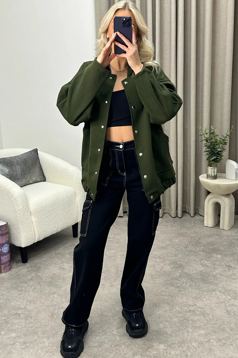 Adriana Khaki Oversized Bomber Jacket