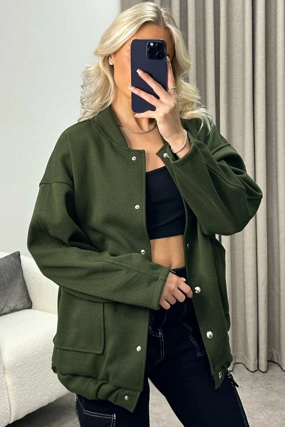 Adriana Khaki Oversized Bomber Jacket