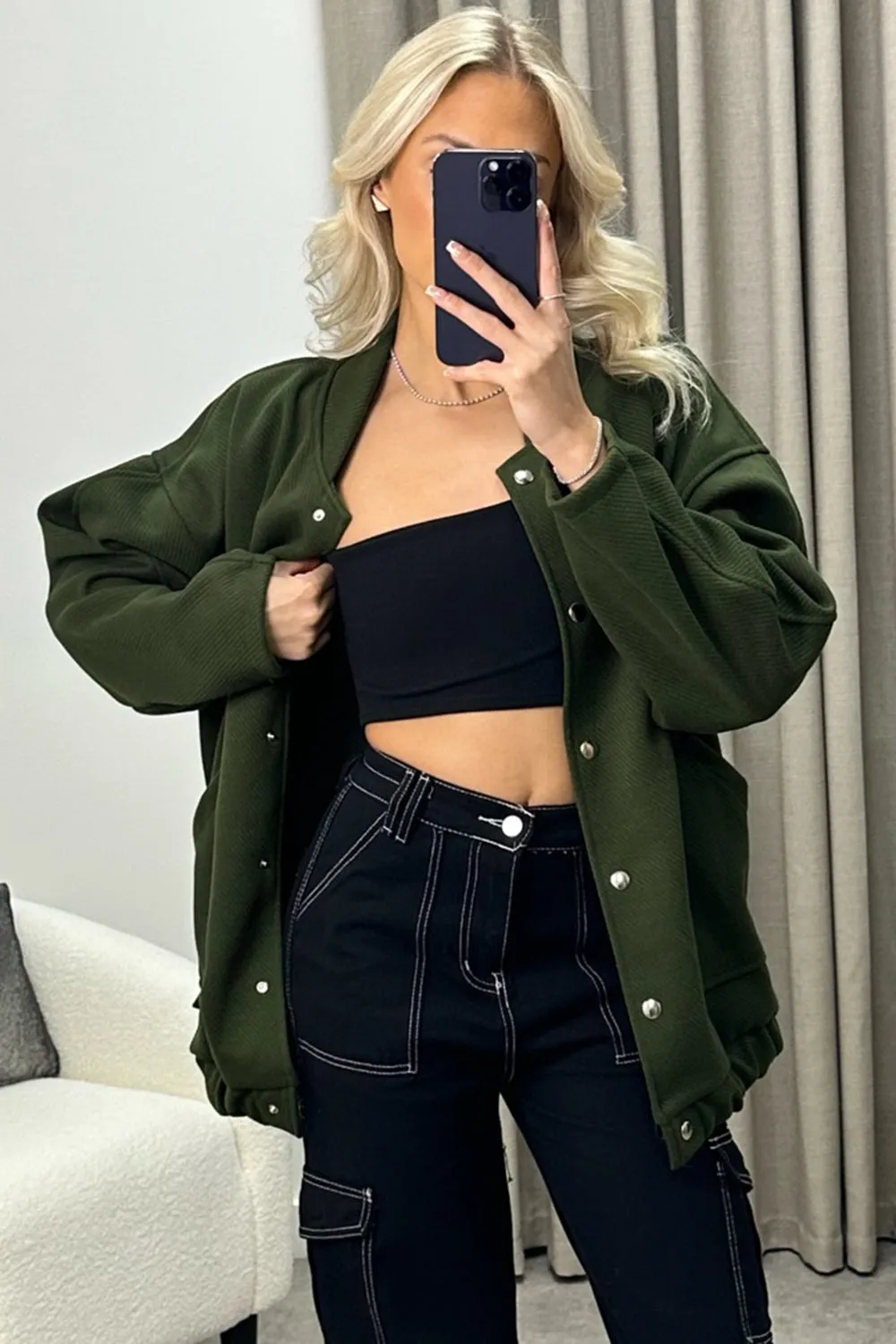 Adriana Khaki Oversized Bomber Jacket