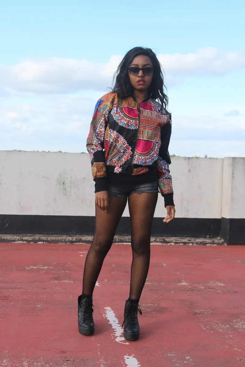 African Bomber Jacket in Black Dashiki Print - Festival Jacket