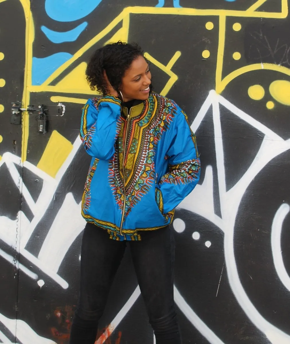 African Bomber Jacket in Blue Dashiki Print- Festival Clothing