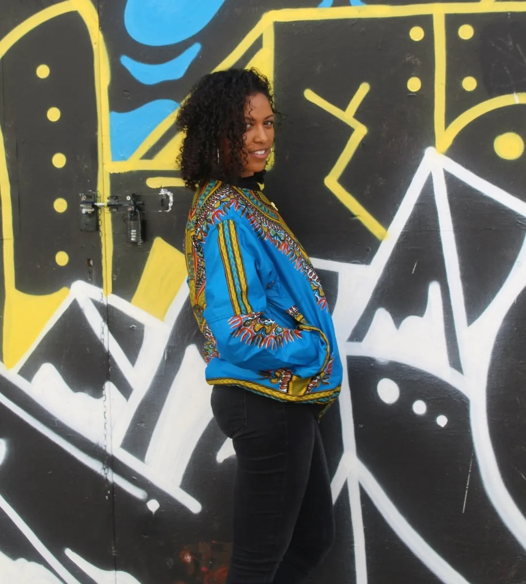 African Bomber Jacket in Blue Dashiki Print- Festival Clothing