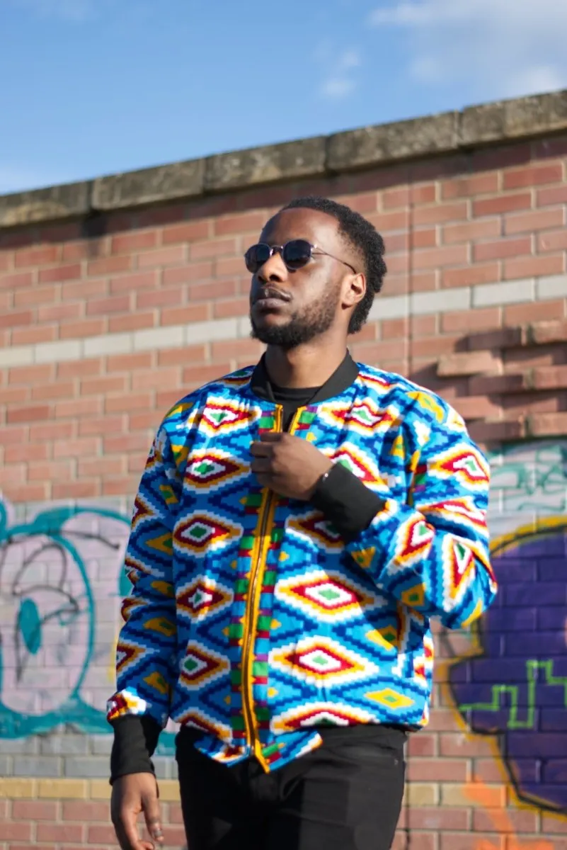 African Bomber Jacket In Blue Kente Print