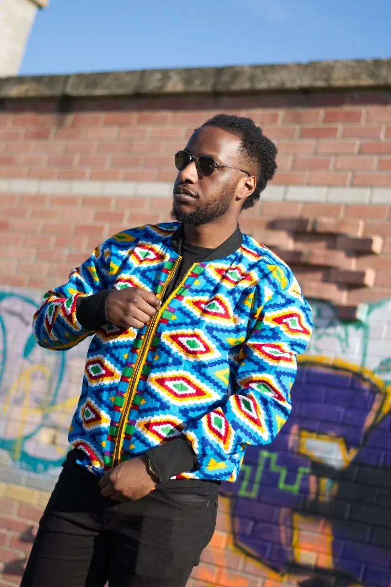 African Bomber Jacket In Blue Kente Print