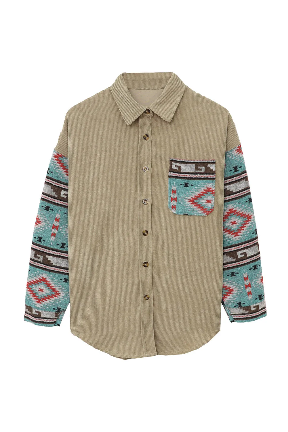 Aztec Pattern Sleeve Khaki Pocketed Corduroy Shacket