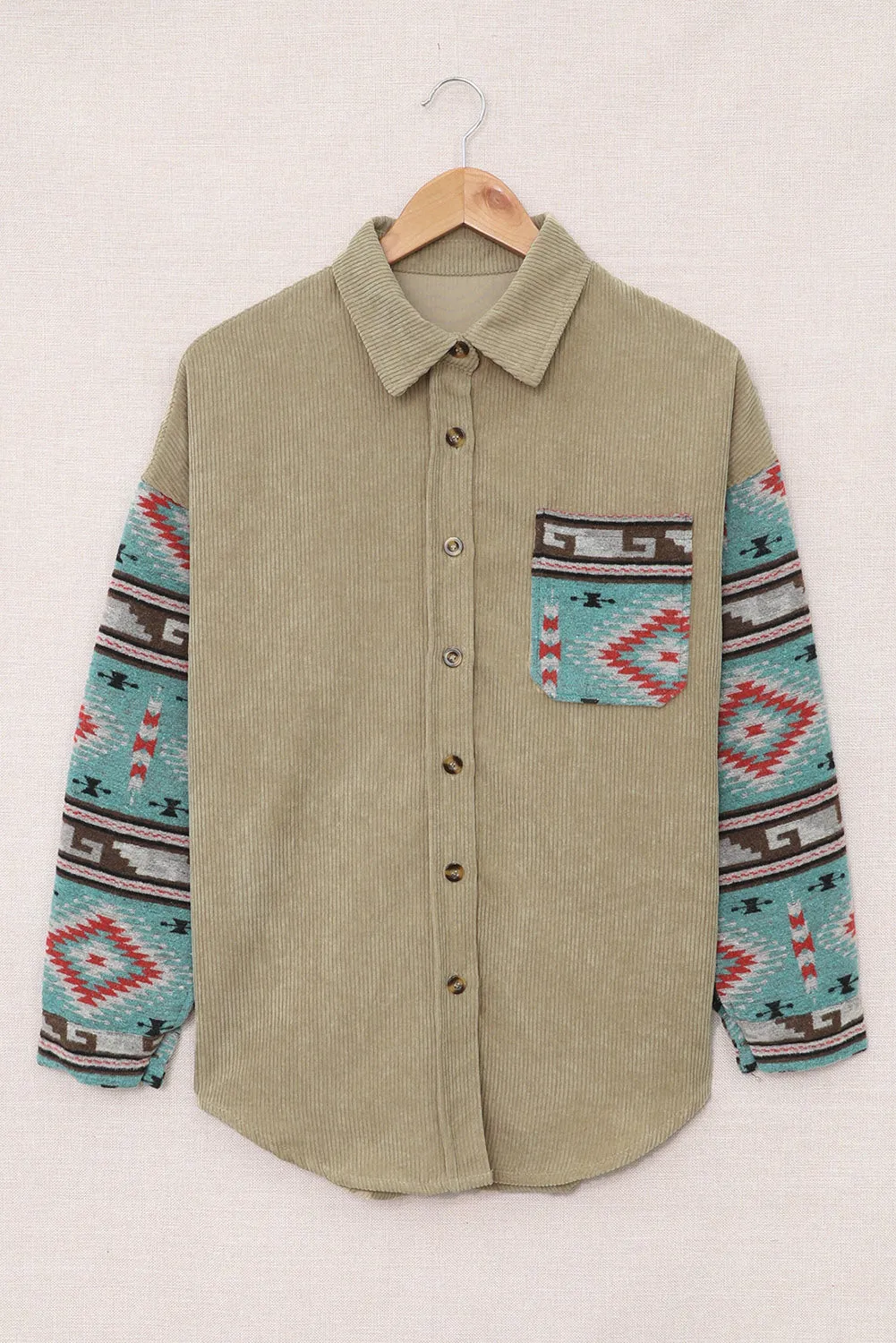 Aztec Pattern Sleeve Khaki Pocketed Corduroy Shacket