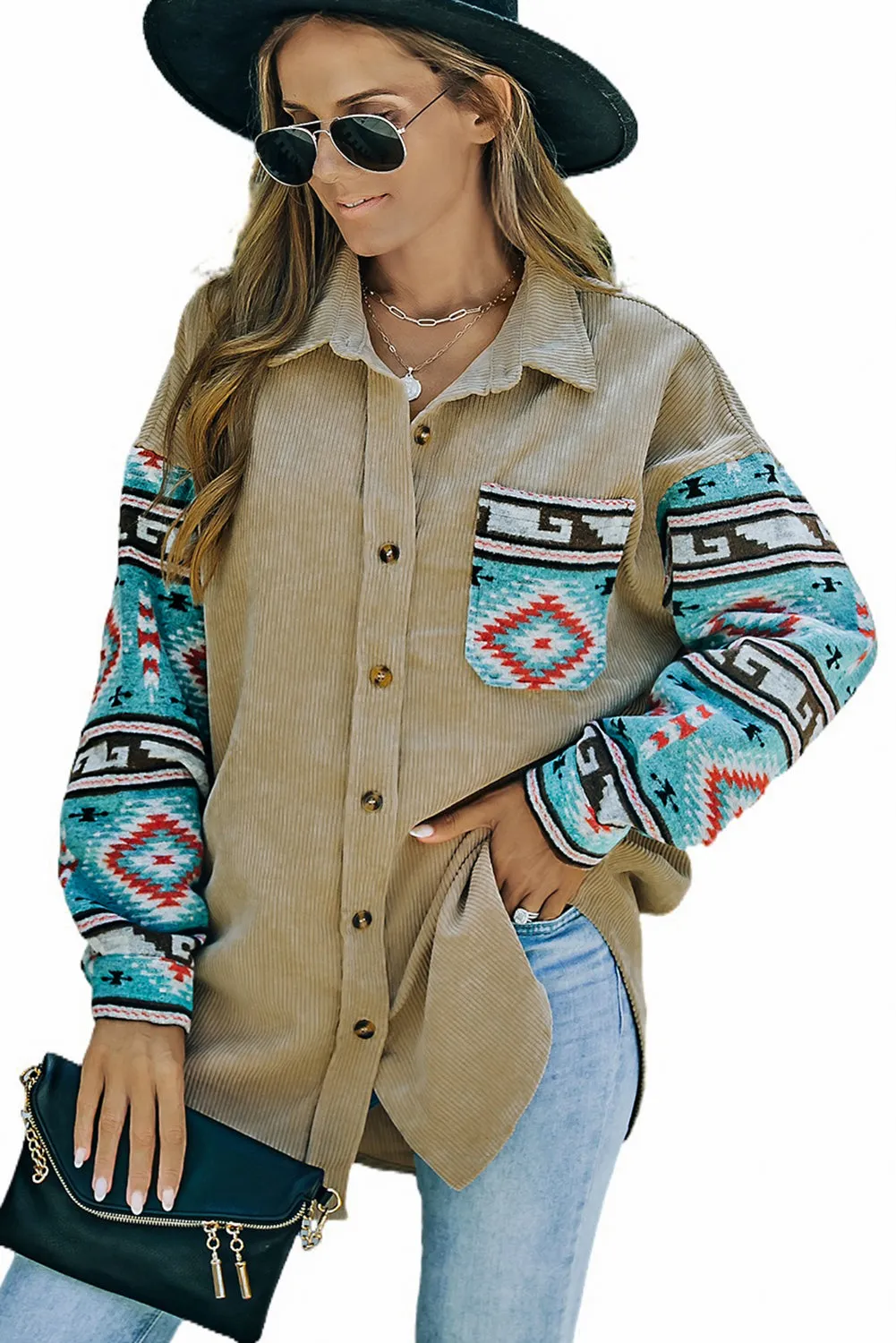 Aztec Pattern Sleeve Khaki Pocketed Corduroy Shacket