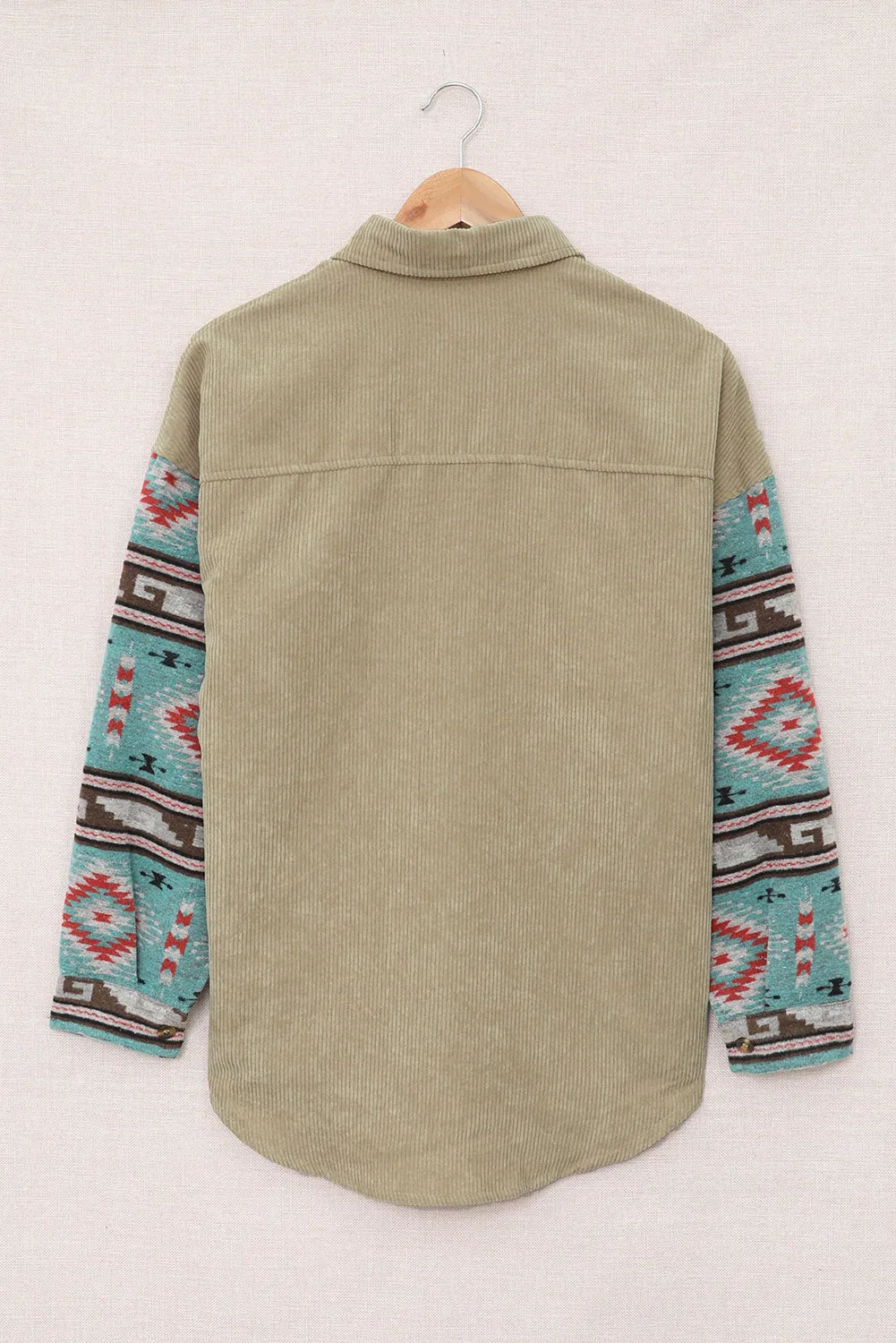 Aztec Pattern Sleeve Khaki Pocketed Corduroy Shacket