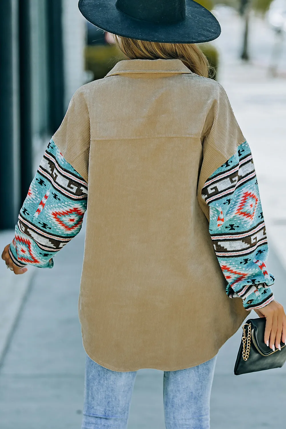 Aztec Pattern Sleeve Khaki Pocketed Corduroy Shacket