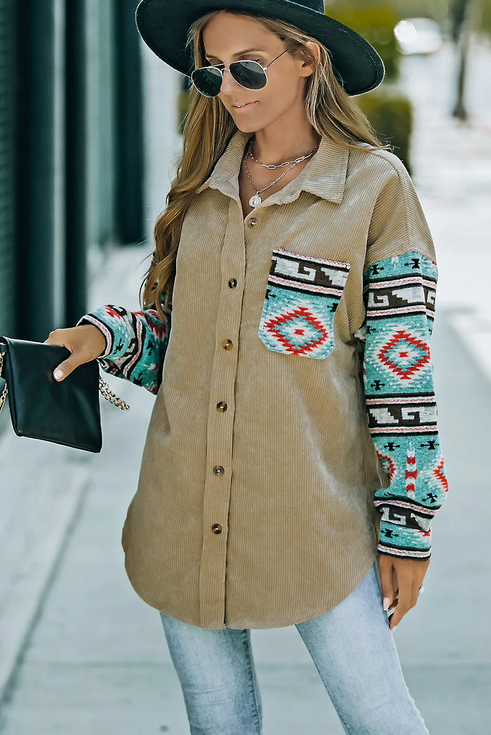 Aztec Pattern Sleeve Khaki Pocketed Corduroy Shacket