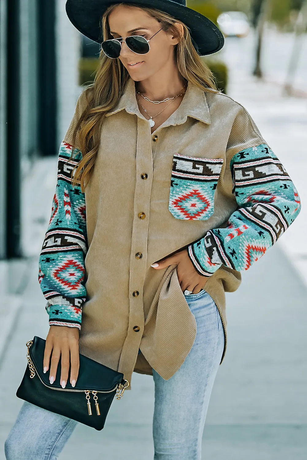 Aztec Pattern Sleeve Khaki Pocketed Corduroy Shacket