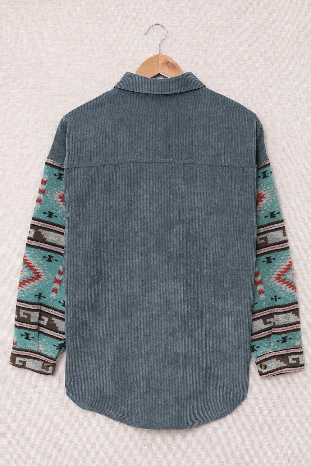 Aztec Pattern Sleeve Pocketed Gray Corduroy Shacket