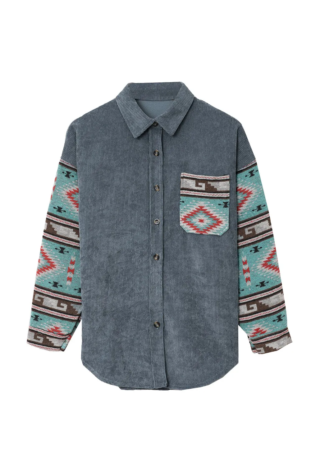 Aztec Pattern Sleeve Pocketed Gray Corduroy Shacket