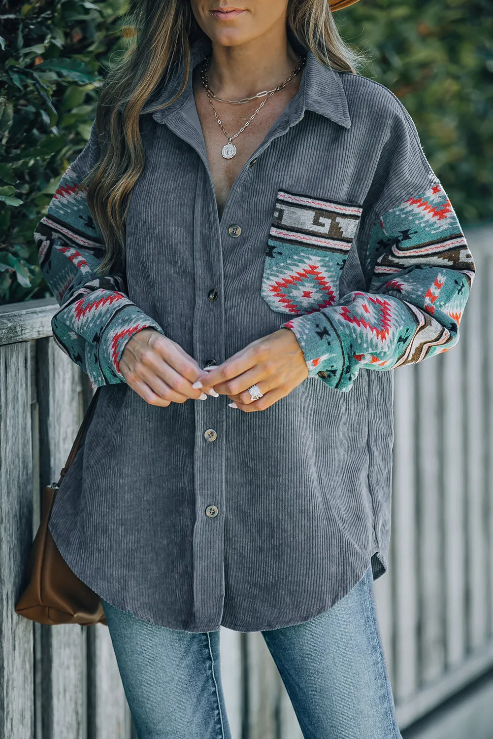 Aztec Pattern Sleeve Pocketed Gray Corduroy Shacket