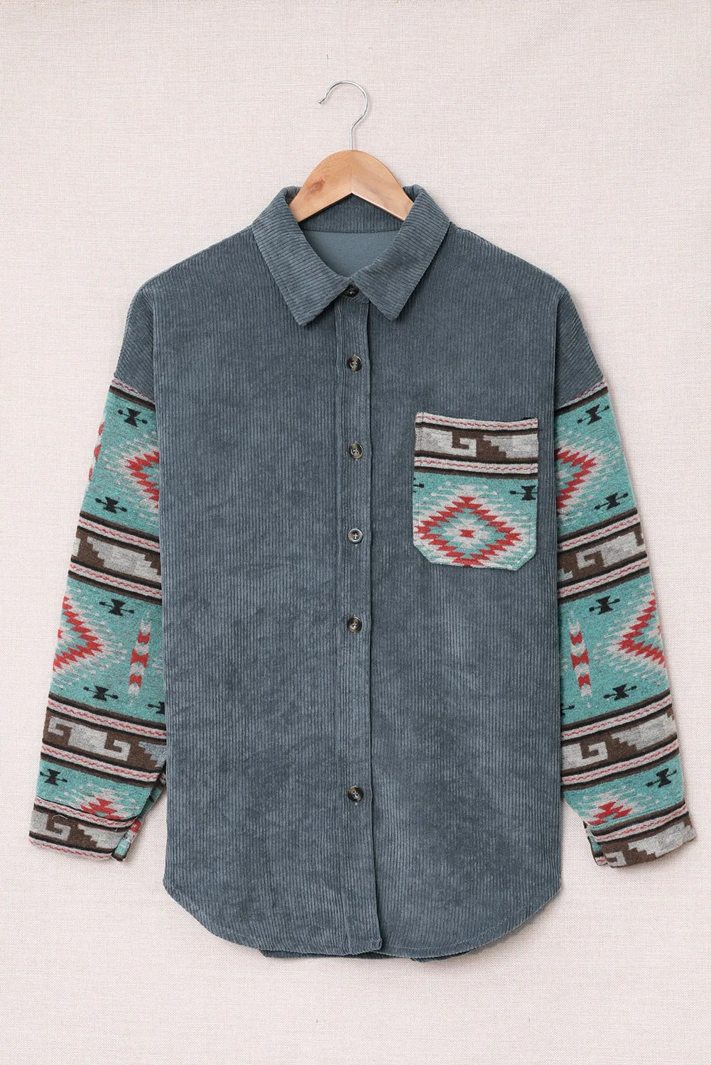 Aztec Pattern Sleeve Pocketed Gray Corduroy Shacket