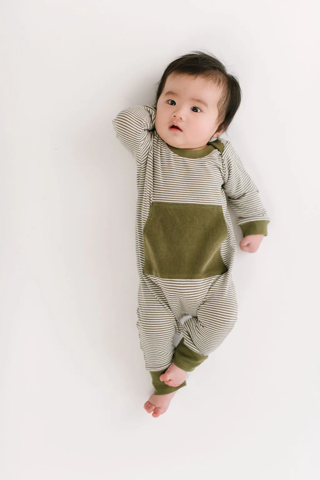 Bamboo Zipper Romper in Olive Stripe