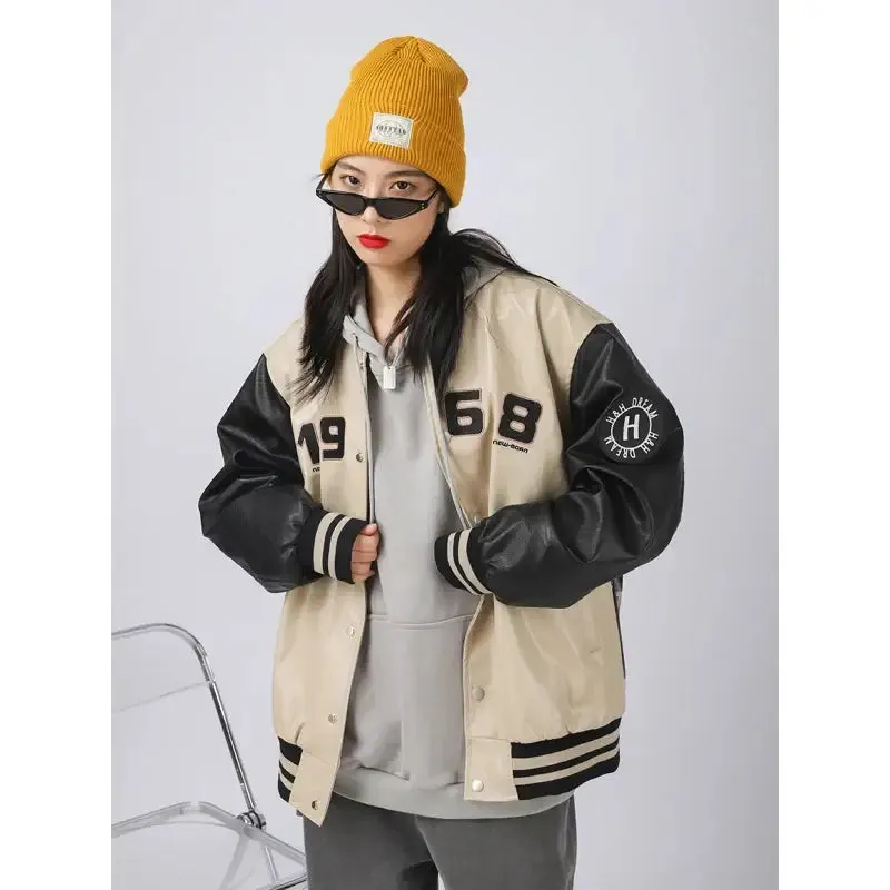 Baseball Leather Portrait Letter Embroidered Bomber Jacket