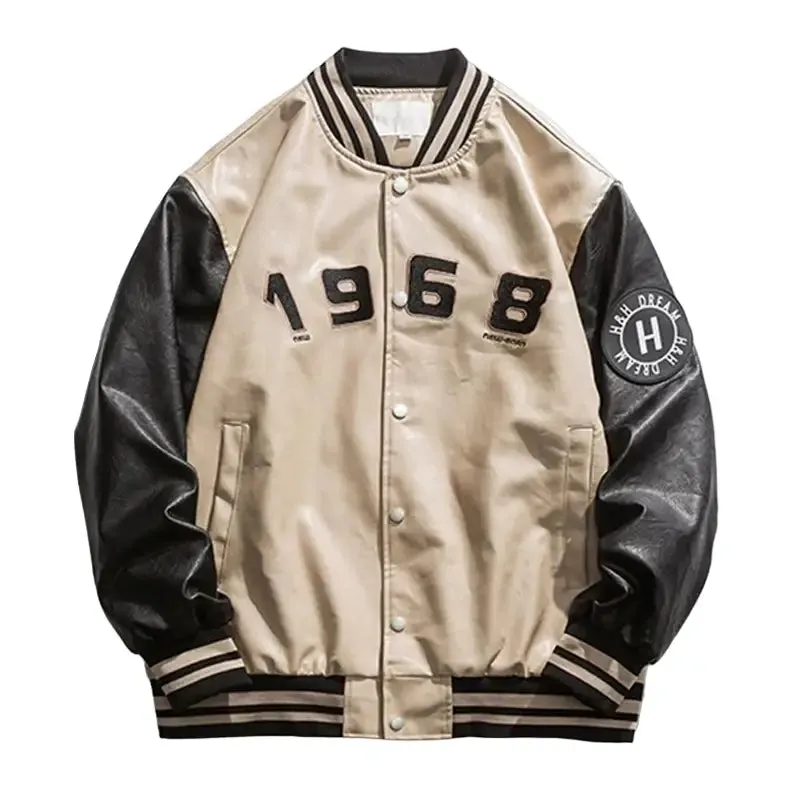 Baseball Leather Portrait Letter Embroidered Bomber Jacket