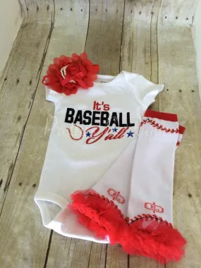 Baseball outfit. It's Baseball Y'all baseball bodysuit, leg warmers and headband.   Can customize colors