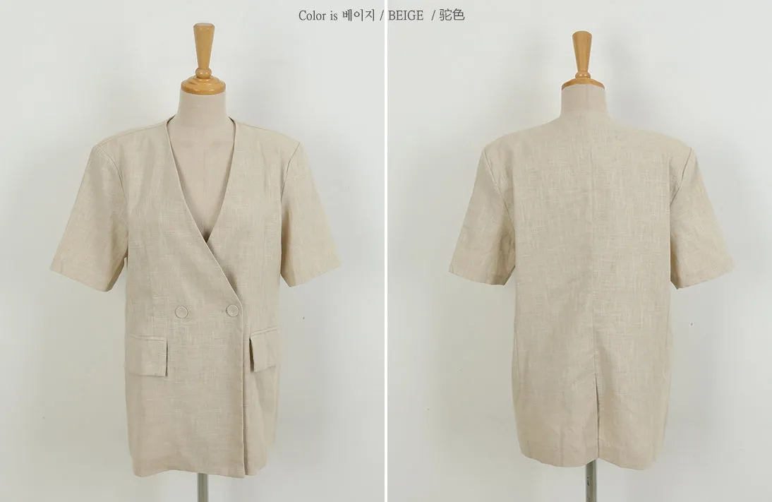 Beige Non Collar Short Sleeved Linen Jackets Korean Womens