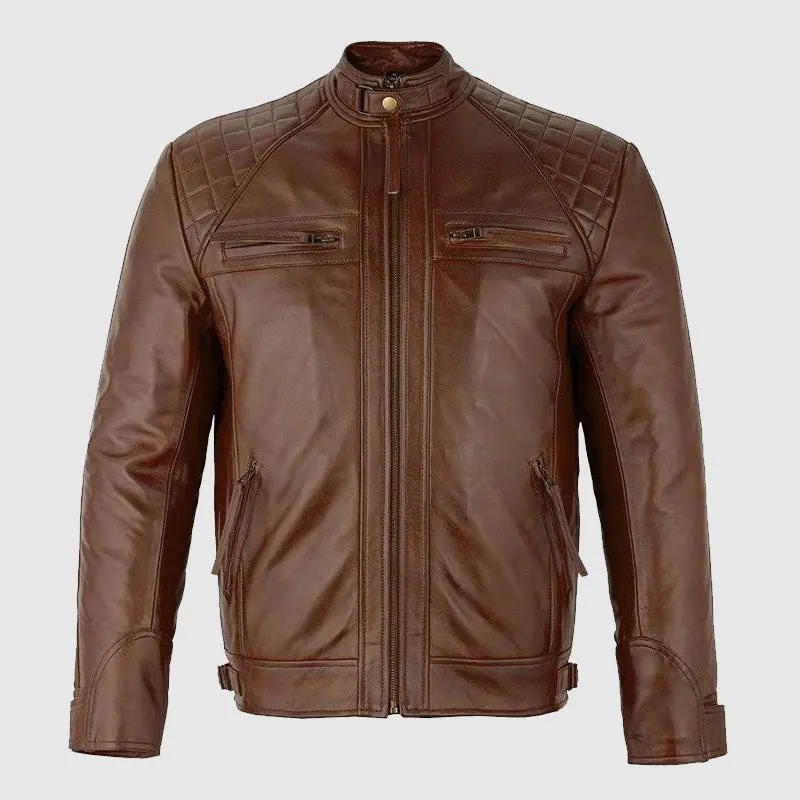 Best Quality Mens Brown Zipped Diamond Leather Jacket