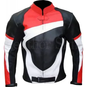 Biker Champion Black Leather Jacket with Red & White Pattern