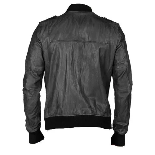 Black bomber leather jacket with button closure