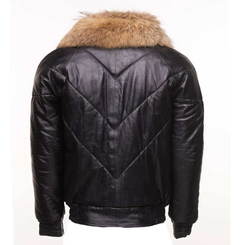 Black V-Bomber style Puffer Winter Leather Jacket with fur collar