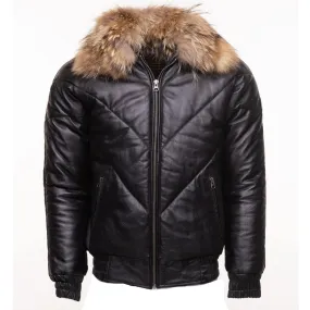 Black V-Bomber style Puffer Winter Leather Jacket with fur collar