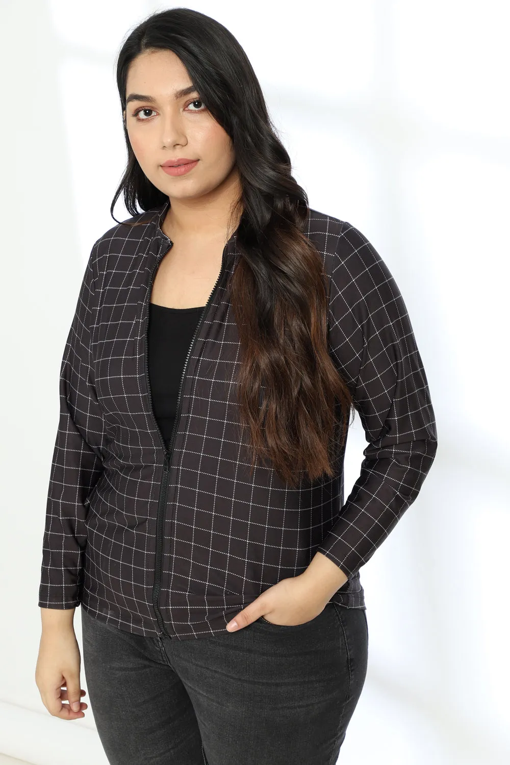 Black White Plaids Printed Jacket