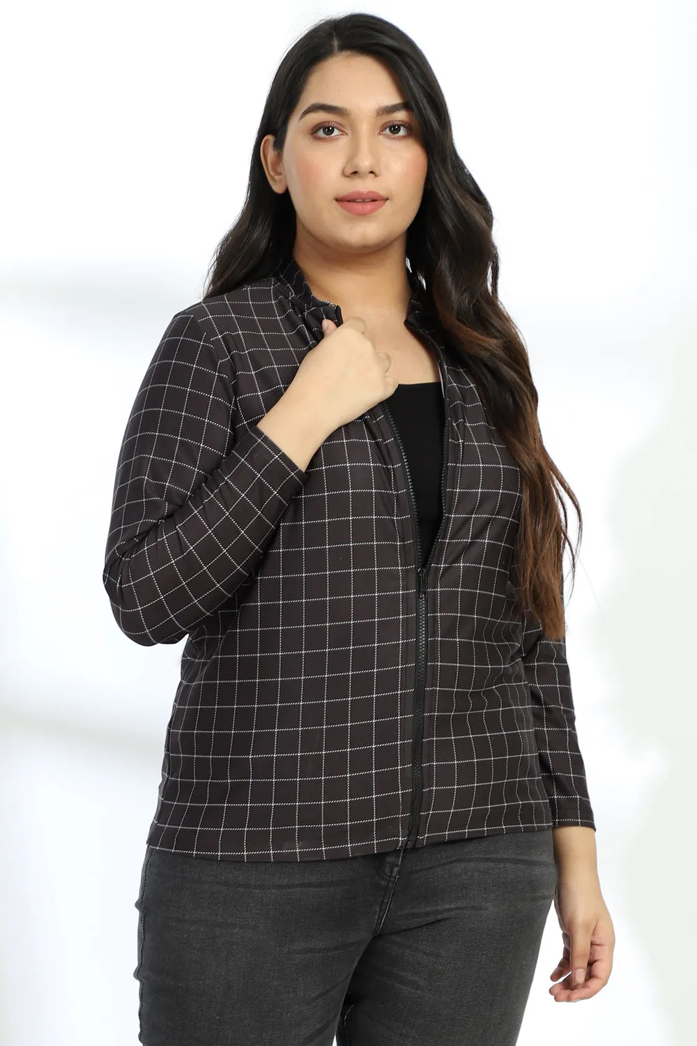 Black White Plaids Printed Jacket