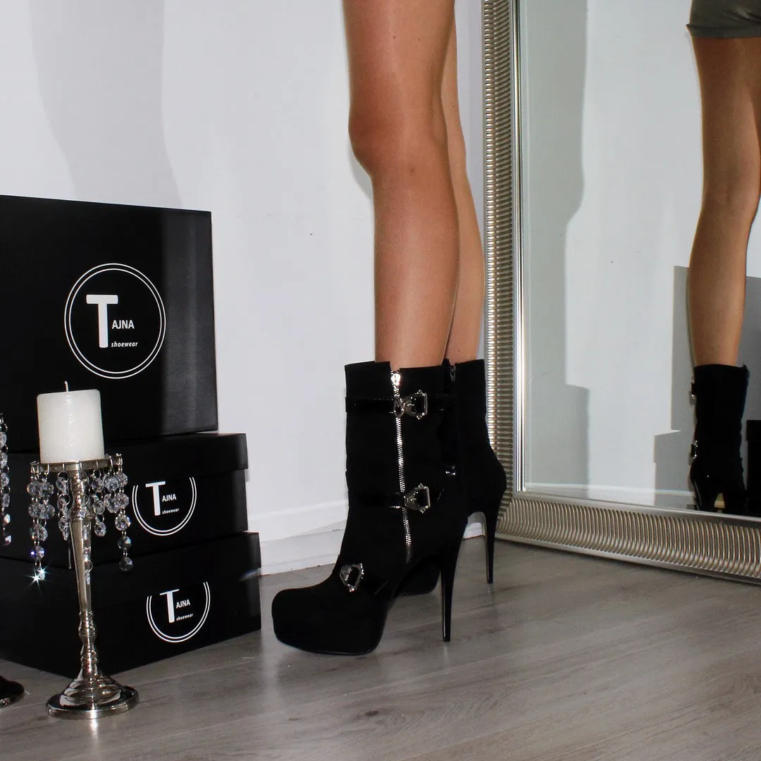 Black Zipper Belted High Heel Platform Ankle Boots