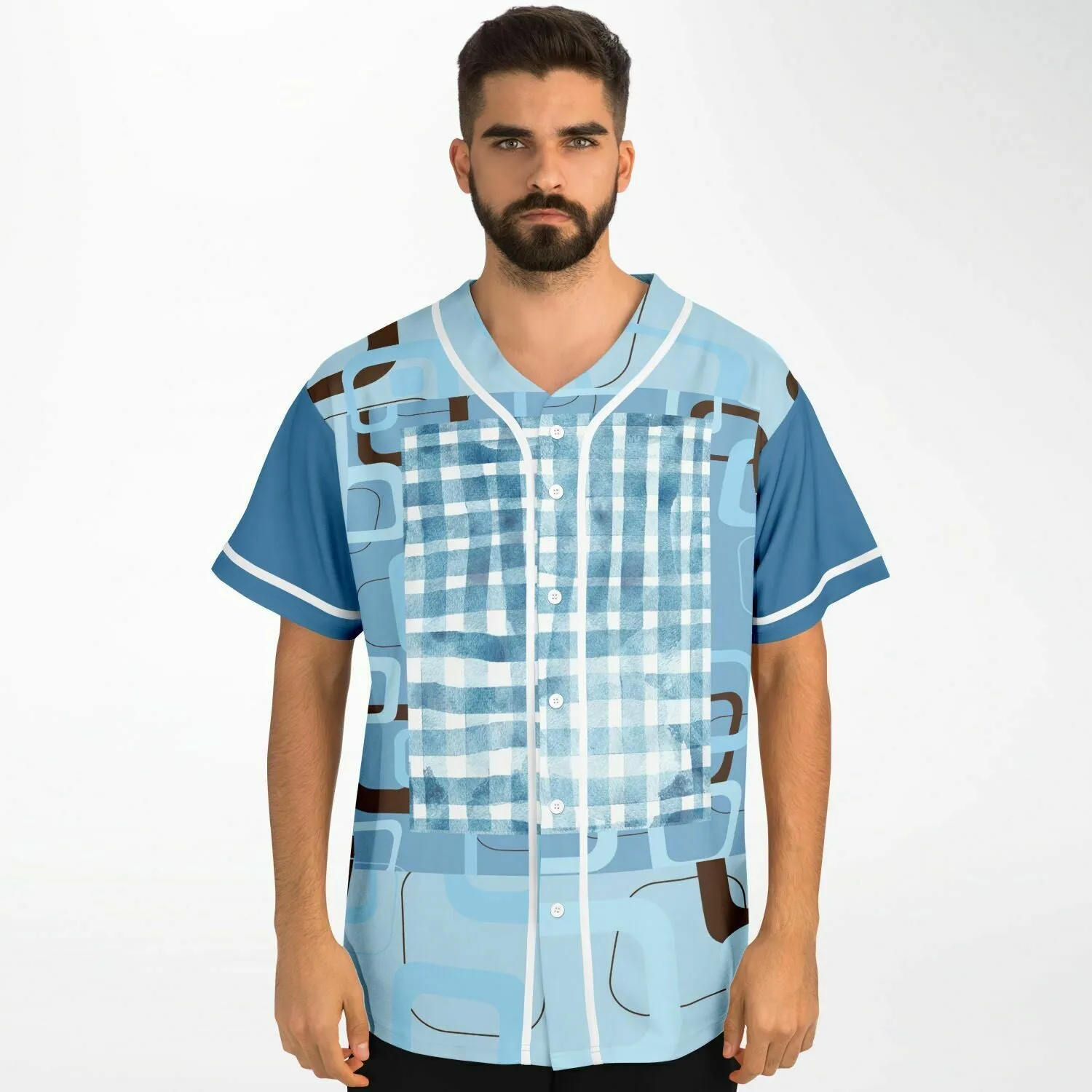 Blue Geo Patchwork Plaid Baseball Jersey