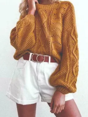 Bohemian Sweater "Allison" Balloon Sleeve Golden Camel Brown Cable Knit Lantern Sleeve Jumper One Size