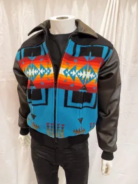 Bomber Jacket, Chief Joseph Turquoise with Napa Leather Sleeves and Collar