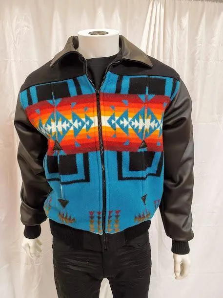 Bomber Jacket, Chief Joseph Turquoise with Napa Leather Sleeves and Collar