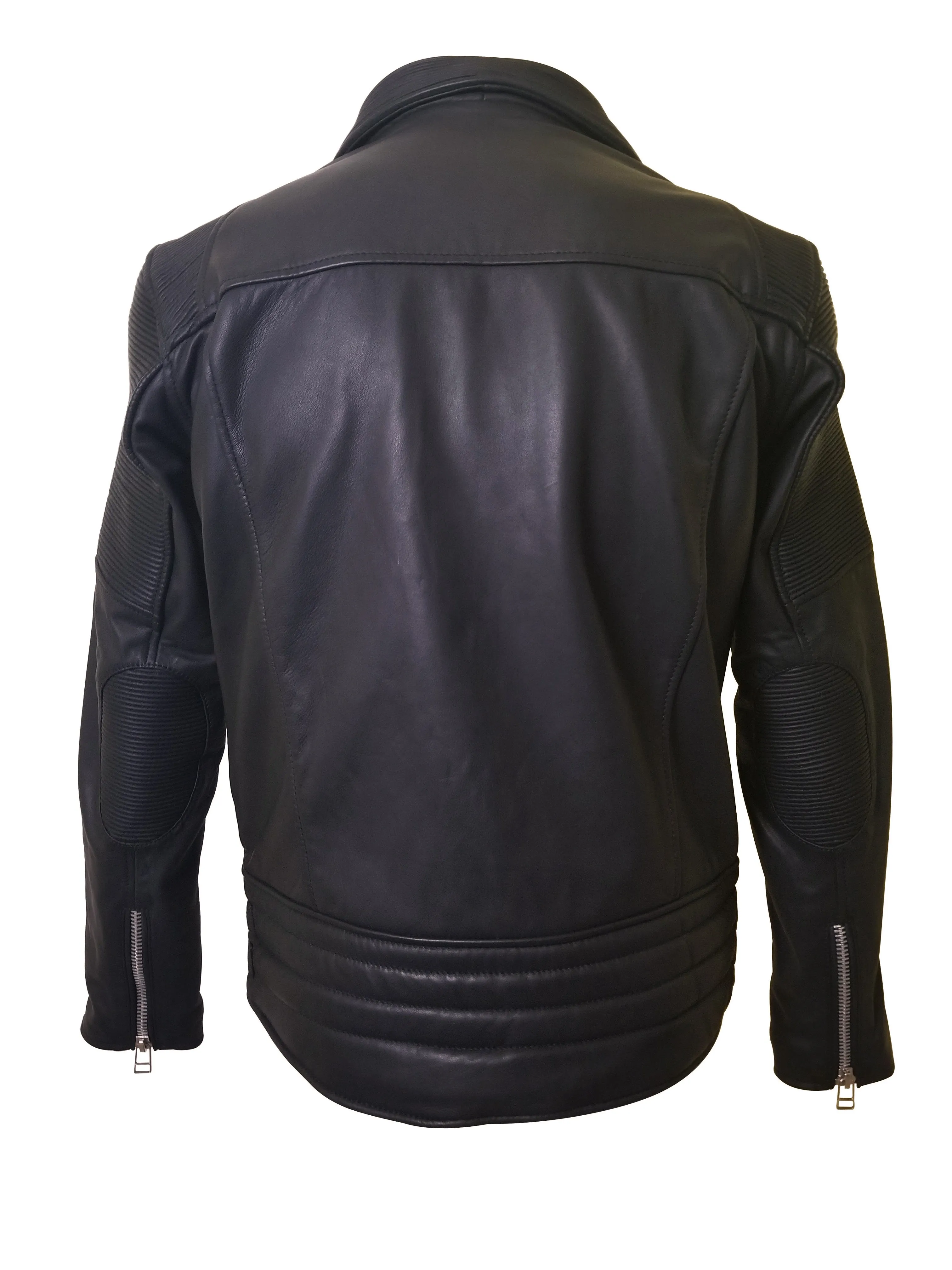 Brett's biker style leather jacket with stretchy leather