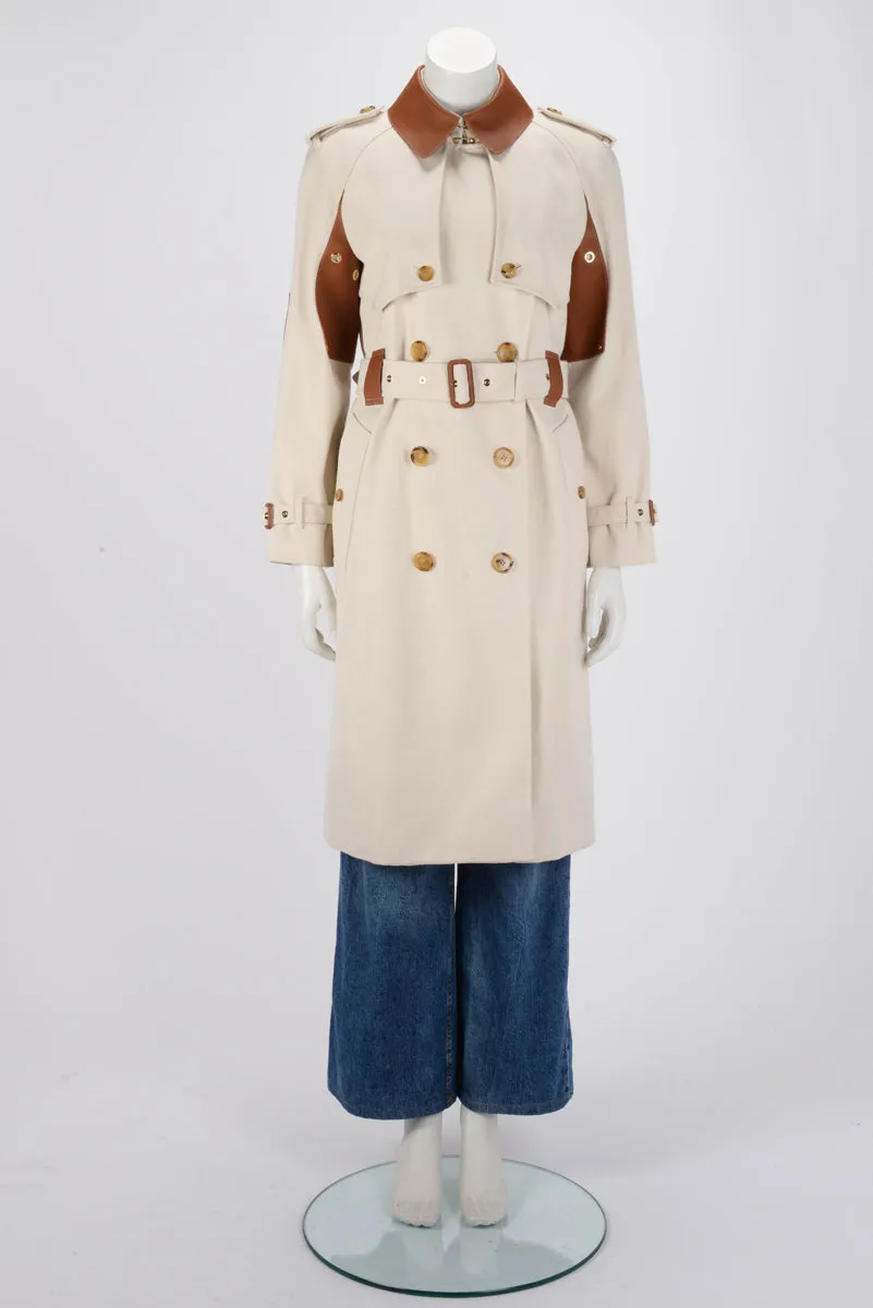 Burberry Ecru & Tan Canvas Leather Detail Trench Coat UK6