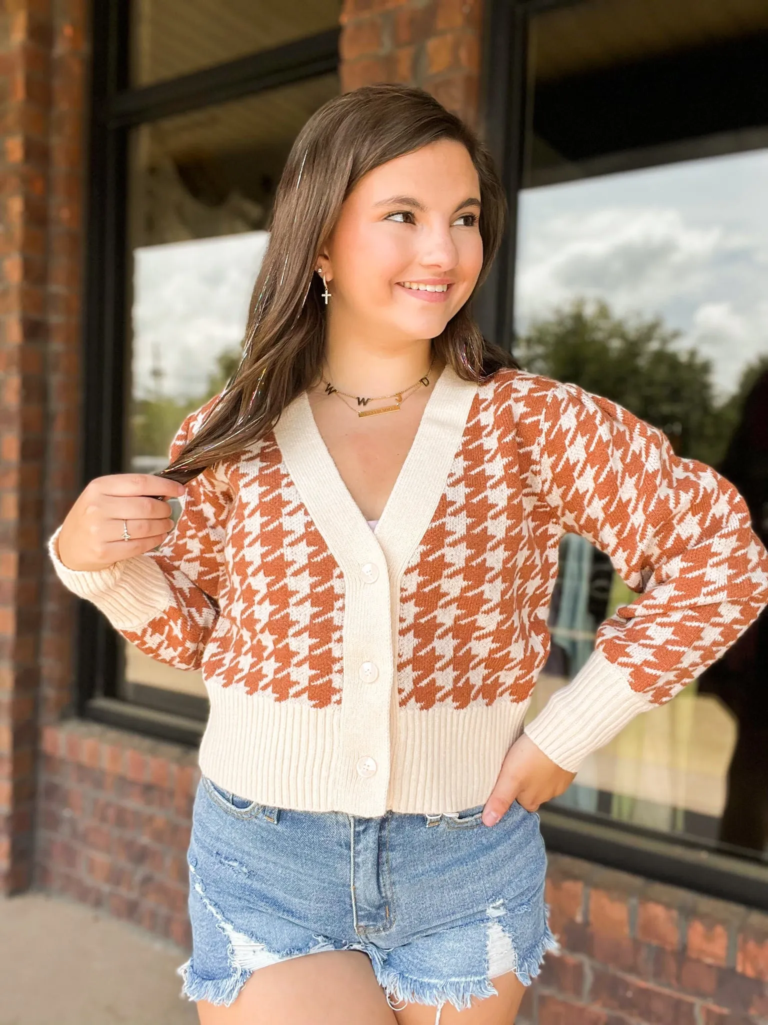 Camel Houndstooth Long Sleeve Sweater