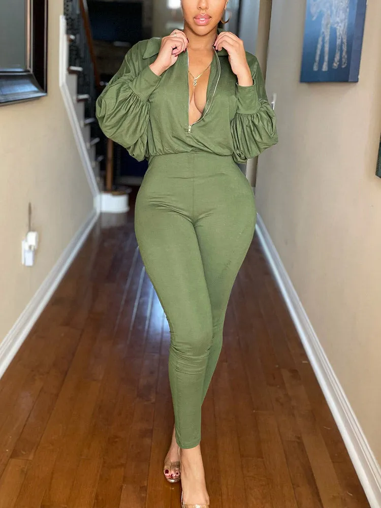 Casual Solid Zipper Jumpsuit