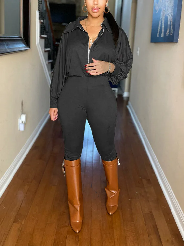 Casual Solid Zipper Jumpsuit