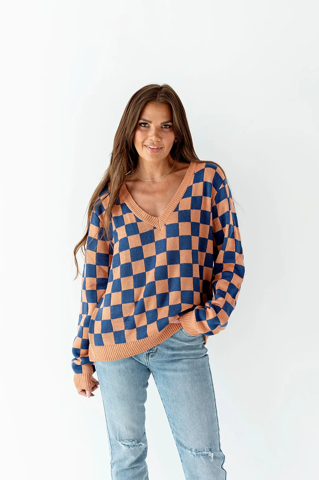 Checked Out Navy & Coral Sweater - Size S Left