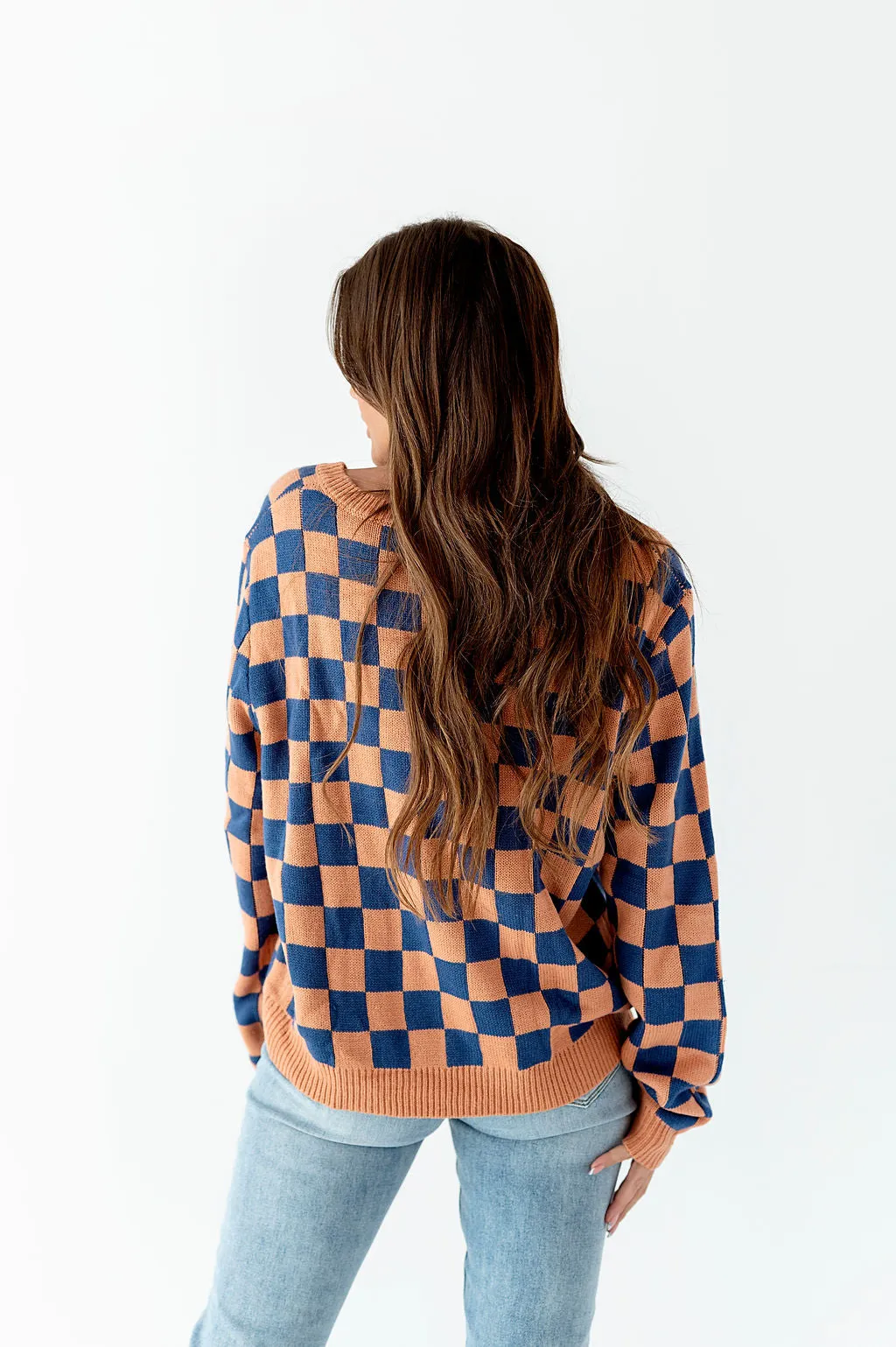 Checked Out Navy & Coral Sweater - Size S Left