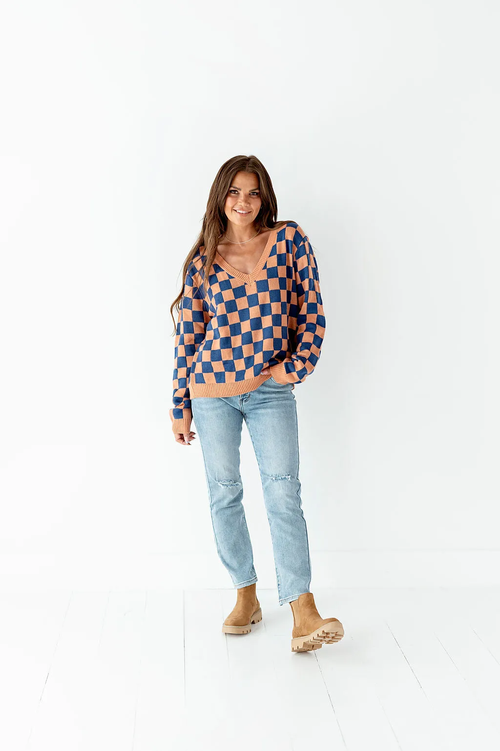 Checked Out Navy & Coral Sweater - Size S Left