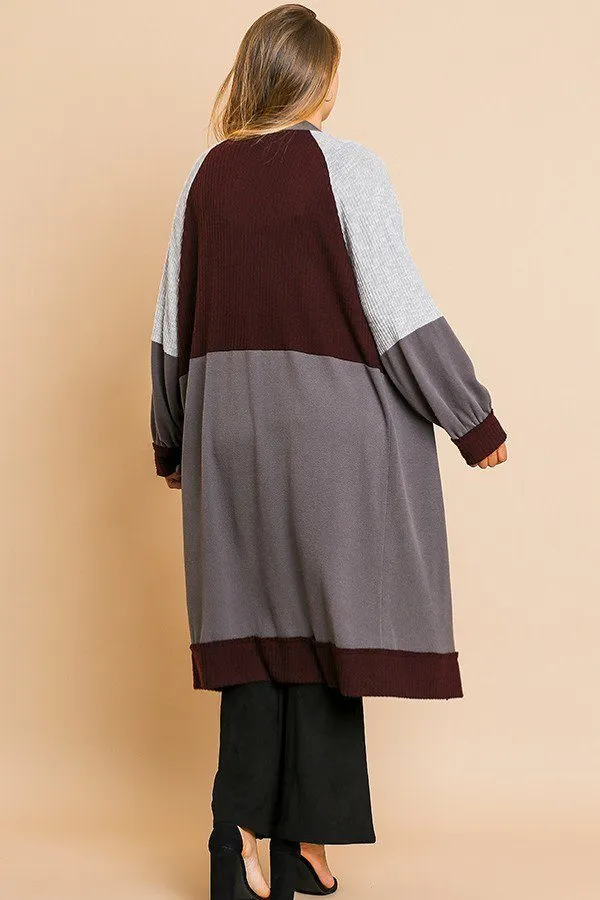 Colorblocked Long Puff Sleeve Ribbed Knit Long Open Front Sweater Cardigan